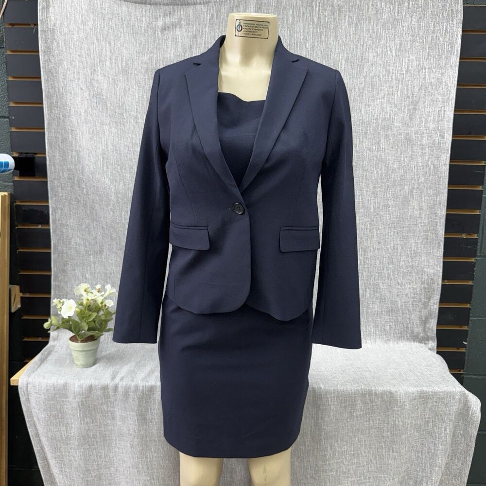 Ann Taylor Petite Navy Blue Sheath Dress & Blazer Suit Set Size 4P / 2P Workwear - Picture 5 of 16